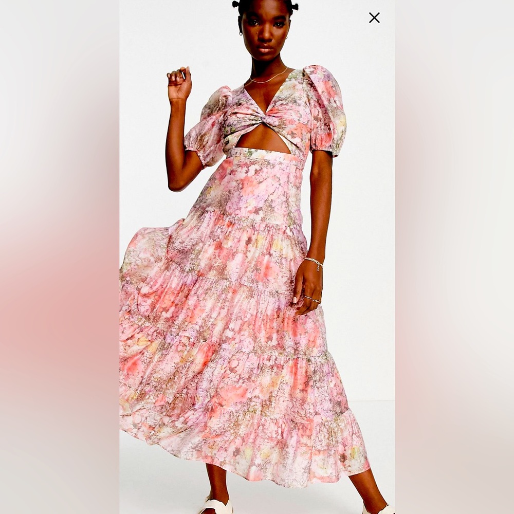 & Other Stories Floral Cutout Puff SleeveOrganza Midi Dress. Size 12. NWOT.